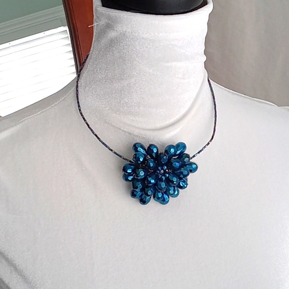 Handmade-Wired Blue Faceted Beaded Flower Necklace - Picture 2 of 5